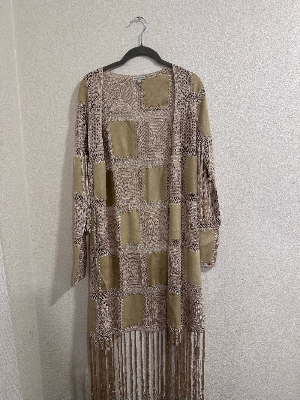 Boston Proper Crochet Panel Open Cardigan - Taupe & Beige